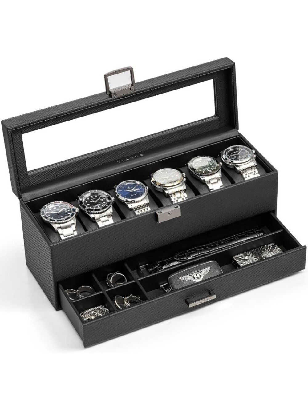 Stylish 6-Slot Watch Box for Men, 2-Layer Organizer with Glass Lid, Black